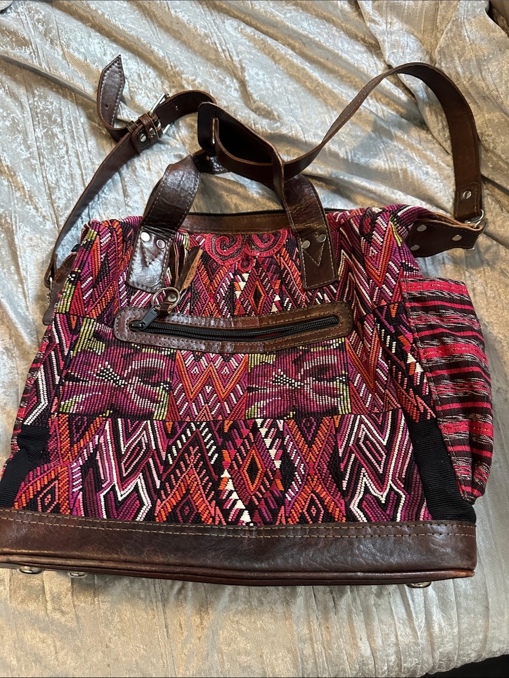 Boho Pink Patterned Tribal Tote with Brown Leather Trim